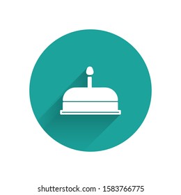 White Cake with burning candles icon isolated with long shadow. Happy Birthday. Green circle button. Vector Illustration