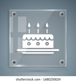 White Cake with burning candles icon isolated on grey background. Happy Birthday. Square glass panels. Vector Illustration