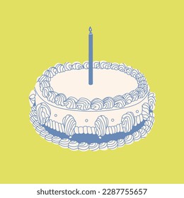 White Cake with candle and delicious cream. Retro style. Sweet tasty food. Hand drawn trendy Vector illustration. Isolated design element. Party, wedding, anniversary, celebration, birthday concept