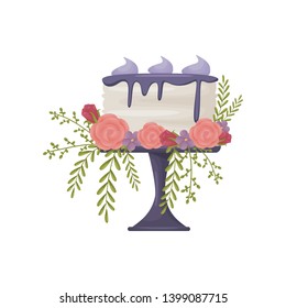 White cake with dark blue icing. Decorated with red buds, pink and purple flowers. Vector illustration on white background.