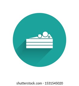 White Cake icon isolated with long shadow. Happy Birthday. Green circle button. Vector Illustration