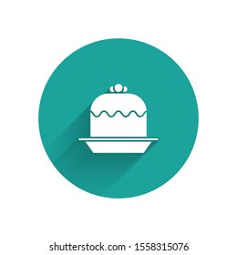 White Cake icon isolated with long shadow. Happy Birthday. Green circle button. Vector Illustration