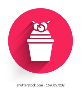 White Cake icon isolated with long shadow. Happy Birthday. Red circle button. Vector Illustration