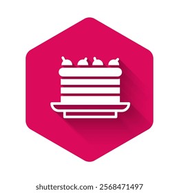 White Cake icon isolated with long shadow background. Happy Birthday. Pink hexagon button. Vector