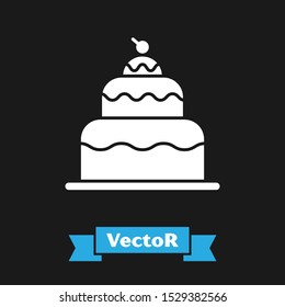 White Cake icon isolated on black background. Happy Birthday.  Vector Illustration