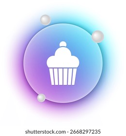 Icono blanco de la torta aislado en el fondo blanco. Feliz cumpleaños. Fondo de círculo degradado azul y púrpura. Vector