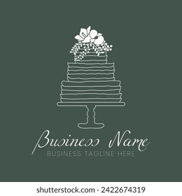 White Cake Outline Logo for Bakery in Minimal Style on Dark Green Background