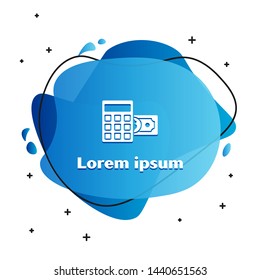 White Calculator with dollar symbol icon isolated on white background. Money saving concept. Accounting symbol. Abstract banner with liquid shapes. Vector Illustration