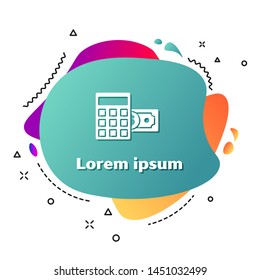 White Calculator with dollar symbol icon isolated on white background. Money saving concept. Accounting symbol. Abstract banner with liquid shapes. Vector Illustration