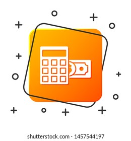 White Calculator with dollar symbol icon isolated on white background. Money saving concept. Accounting symbol. Orange square button. Vector Illustration