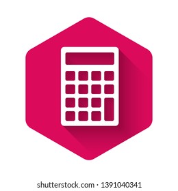 White Calculator icon isolated with long shadow. Accounting symbol. Business calculations mathematics education and finance. Pink hexagon button. Vector Illustration