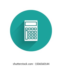 White Calculator icon isolated with long shadow. Accounting symbol. Business calculations mathematics education and finance. Green circle button. Vector Illustration