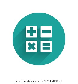 White Calculator icon isolated with long shadow. Accounting symbol. Business calculations mathematics education and finance. Green circle button. Vector Illustration