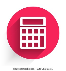 White Calculator icon isolated with long shadow. Accounting symbol. Business calculations mathematics education and finance. Red circle button. Vector Illustration
