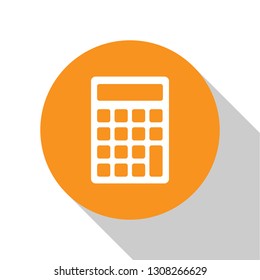 White Calculator icon isolated on white background. Accounting symbol. Business calculations mathematics education and finance. Orange circle button. Flat design. Vector Illustration