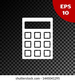 White Calculator icon isolated on transparent dark background. Accounting symbol. Business calculations mathematics education and finance.  Vector Illustration