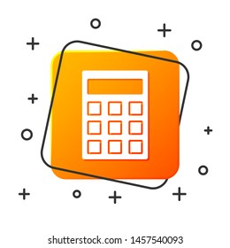 White Calculator icon isolated on white background. Accounting symbol. Business calculations mathematics education and finance. Orange square button. Vector Illustration