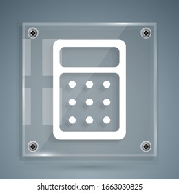White Calculator icon isolated on grey background. Accounting symbol. Business calculations mathematics education and finance. Square glass panels. Vector Illustration