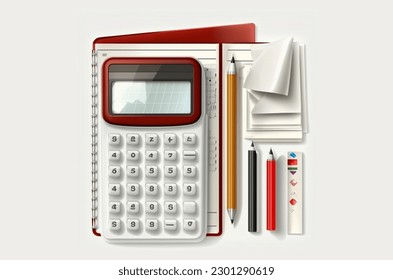 white calculator, red pen, 3 colorful sheets of paper, clip card holder, open wallet