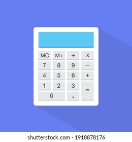 White calculator with shadow on blue background. Vector illustration.