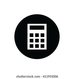 White calculator vector icon. Black circle. Black button
