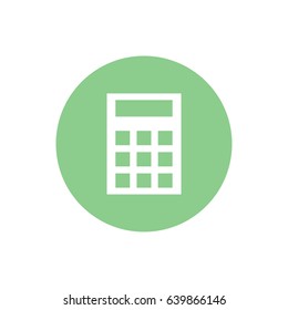 White calculator vector icon. Green circle. Green button