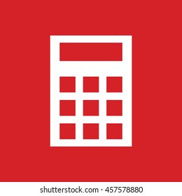 White calculator vector icon. Red background