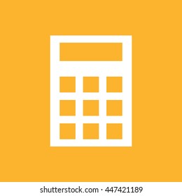 White calculator vector icon. Yellow background