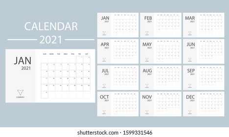 White calendar 2021 with week starts on Sunday. Minimal planner vector template date desk. Modern design office organizer. Schedule number style diary