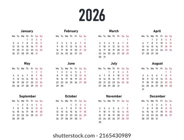 White Calendar 2026. Place to mark business meetings, seasons and months. Notifications and interface elements for program, website and application development. Cartoon flat vector illustration