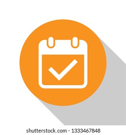 White Calendar with check mark icon isolated on white background. Orange circle button. Flat design. Vector Illustration