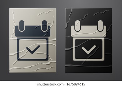 Calendario blanco con icono de marca de verificación aislado en fondo de papel arrugado. Estilo de arte de papel.  Ilustración vectorial