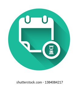White Calendar and clock icon isolated with long shadow. Schedule, appointment, organizer, timesheet, time management, important date. Green circle button. Vector Illustration
