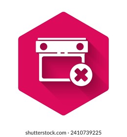 White Calendar date delete icon isolated with long shadow. Event reminder symbol. Pink hexagon button. Vector