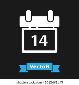 White Calendar with February 14 icon isolated on black background. Valentines day. Love symbol.  Vector Illustration