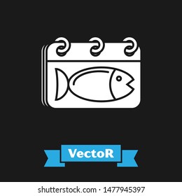White Calendar with a fish icon isolated on black background. Day of fish.  Vector Illustration