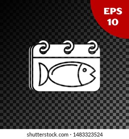 White Calendar with a fish icon isolated on transparent dark background. Day of fish. Vector Illustration White Calendar with a fish icon isolated on transparent dark background. Day of fish. Vector Illustration