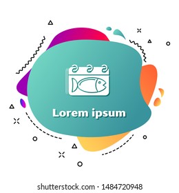 White Calendar with a fish icon isolated on white background. Day of fish. Abstract banner with liquid shapes. Vector Illustration