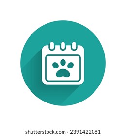 White Calendar grooming icon isolated with long shadow. Event reminder symbol. Green circle button. Vector