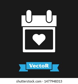 White Calendar with heart icon isolated on black background. Valentines day. Love symbol. February 14.  Vector Illustration