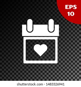 White Calendar with heart icon isolated on transparent dark background. Valentines day. Love symbol. February 14.  Vector Illustration