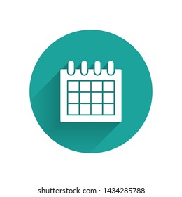 White Calendar icon isolated with long shadow. Event reminder symbol. Green circle button. Vector Illustration