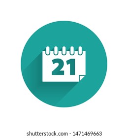 White Calendar icon isolated with long shadow. Event reminder symbol. Green circle button. Vector Illustration