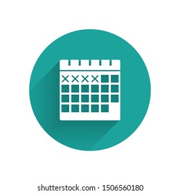 White Calendar icon isolated with long shadow. Green circle button. Vector Illustration