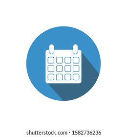 White calendar icon with shadow in blue circle background. Event reminder symbol. Vector Illustration