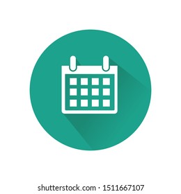 White calendar icon with shadow. Vector illustration on green background. Time symbol and event reminder.