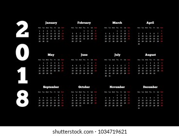 White calendar on 2018 year with week starting from monday on black background, A4 horizontal sheet