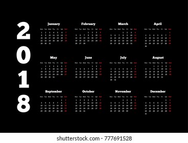 White calendar on 2018 year with week starting from monday on black background, A4 horizontal sheet
