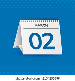 White calendar on blue background. March 2th. Vector. 3D illustration.