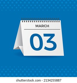 White calendar on blue background. March 3th. Vector. 3D illustration.